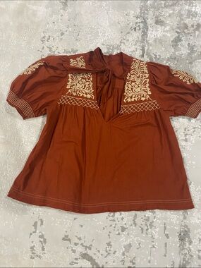 Free People Rust Embroidered Short-Sleeve Peasant Blouse
